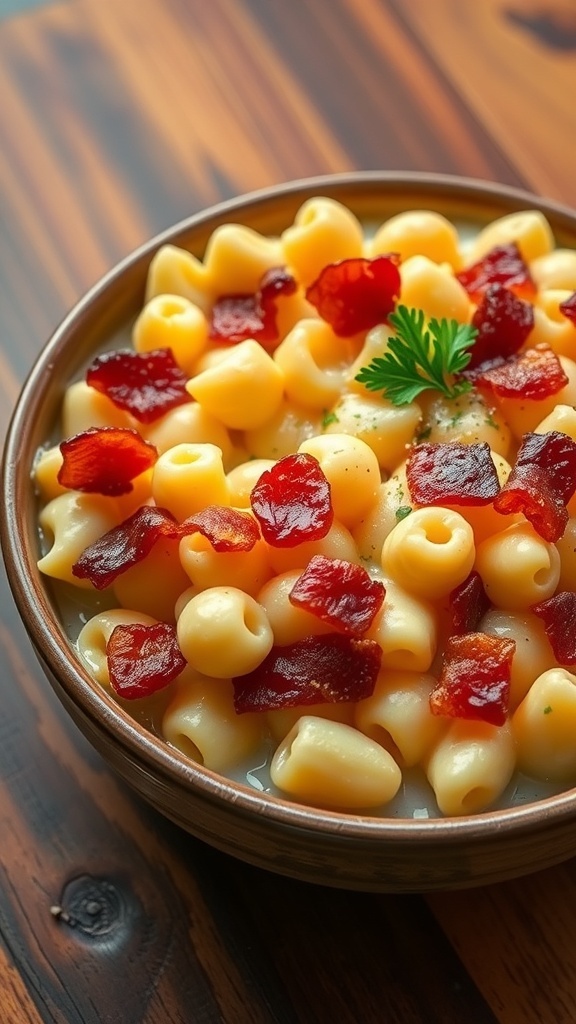 A bowl of carnivore mac and cheese with melted cheese and bacon, garnished with parsley on a rustic table.